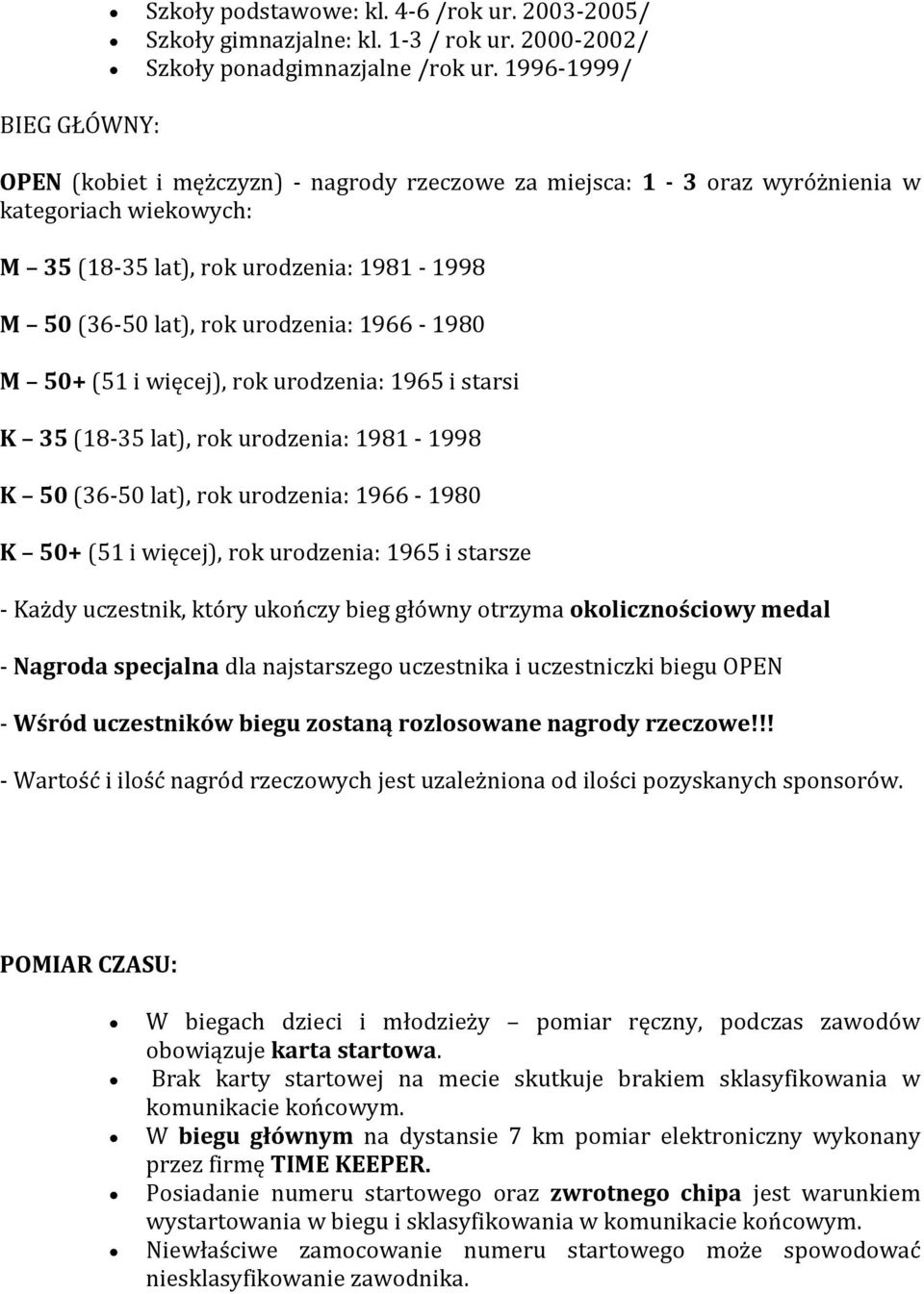 M 50+ (51 i więcej), rok urodzenia: 1965 i starsi K 35 (18-35 lat), rok urodzenia: 1981-1998 K 50 (36-50 lat), rok urodzenia: 1966-1980 K 50+ (51 i więcej), rok urodzenia: 1965 i starsze - Każdy