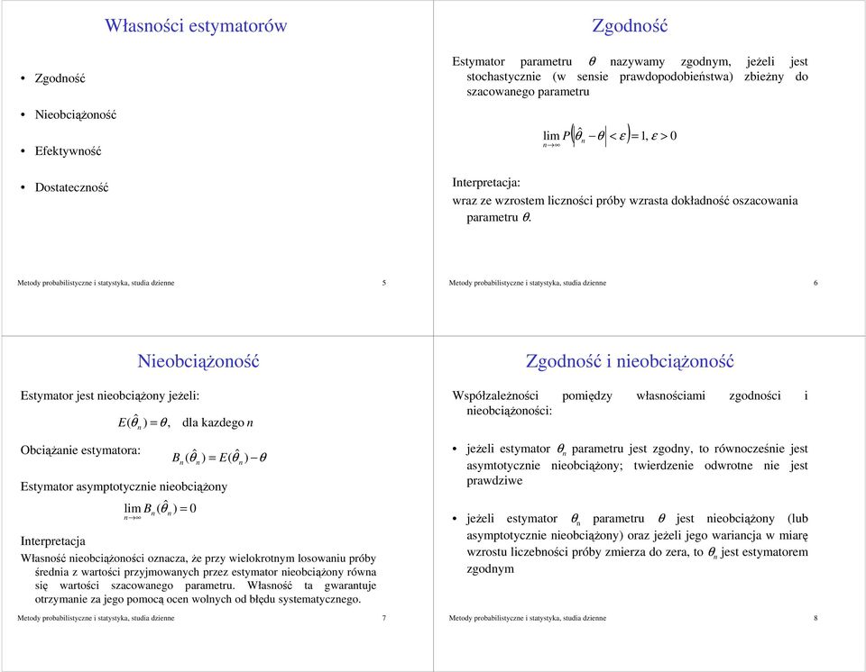 Metody probabilistycze i statystyka, studia dziee 5 Metody probabilistycze i statystyka, studia dziee 6 Nieobcioo Estymator jest ieobcioy jeeli: Obciaie estymatora: E( ˆ θ ) = θ, dla kazdego B ˆ θ =