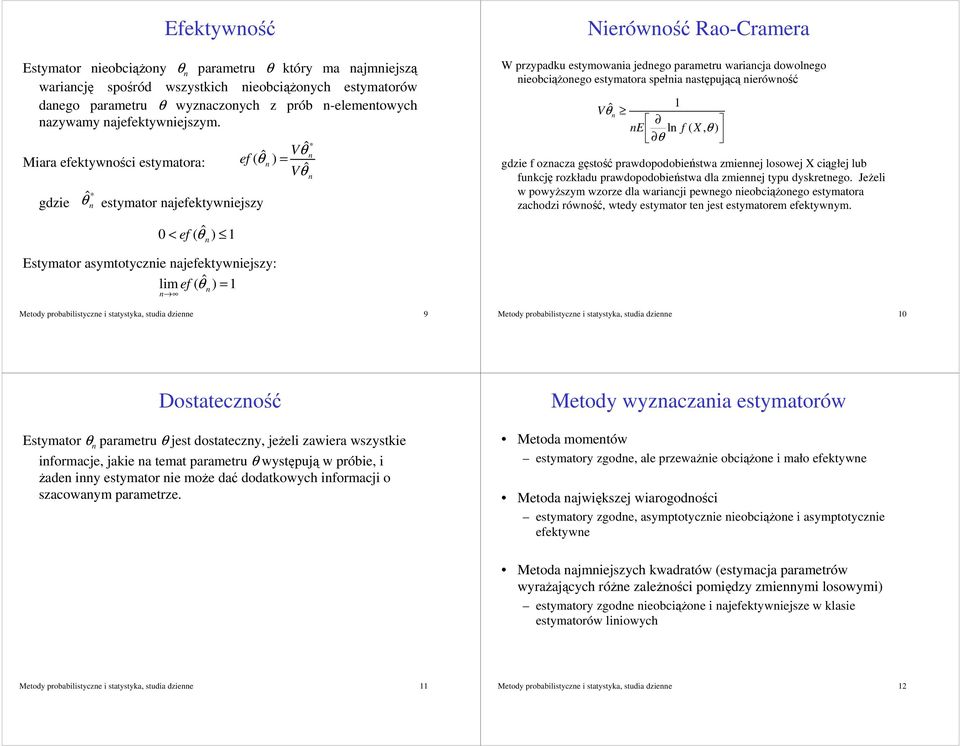estymatora spełia astpujc ierówo ˆ θ E l f ( X, θ ) V gdzie f ozacza gsto prawdopodobiestwa zmieej losowej X cigłej lub fukcj rozkładu prawdopodobiestwa dla zmieej typu dyskretego.