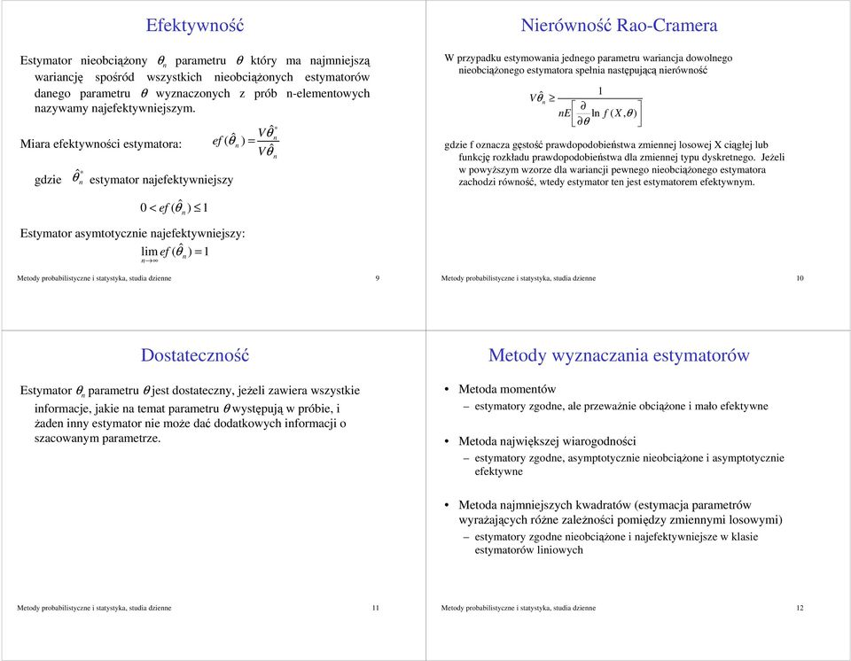 estymatora spełia astpujc ierówo ˆ θ E l f ( X, θ ) V gdzie f ozacza gsto prawdopodobiestwa zmieej losowej X cigłej lub fukcj rozkładu prawdopodobiestwa dla zmieej typu dyskretego.