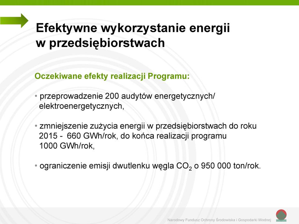 zmniejszenie zużycia energii w przedsiębiorstwach do roku 2015-660 GWh/rok, do końca