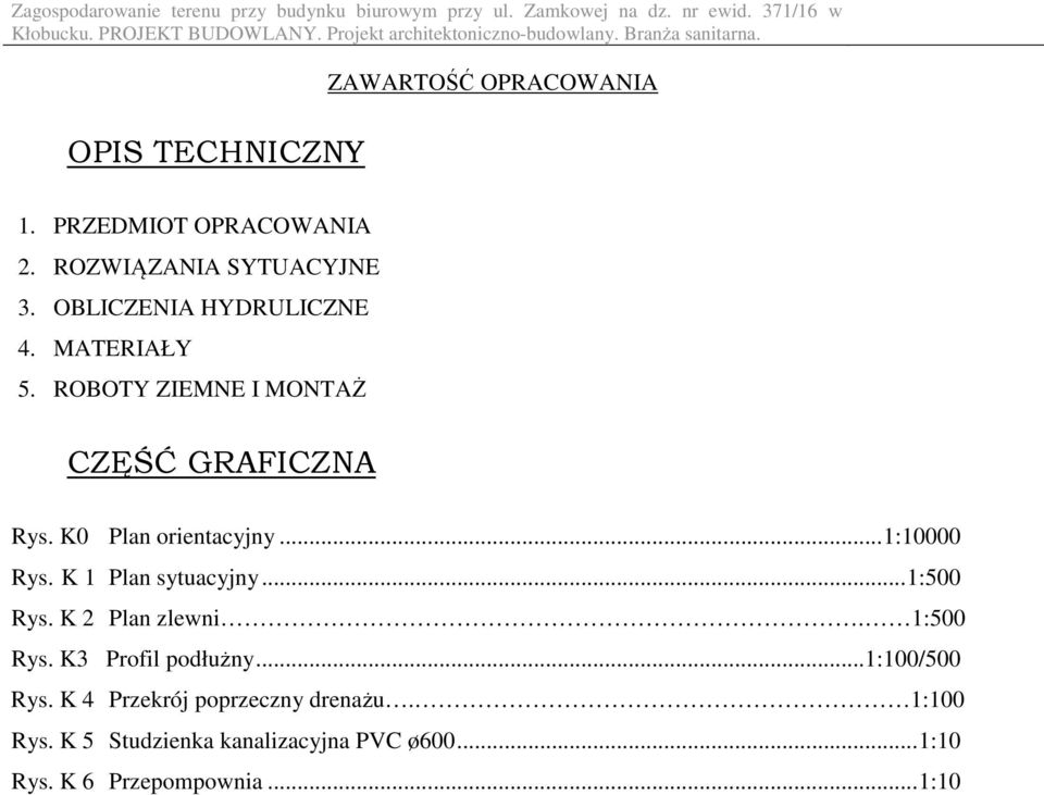 .. 1:10000 Rys. K 1 Plan sytuacyjny... 1:500 Rys. K 2 Plan zlewni. 1:500 Rys. K3 Profil podłużny.