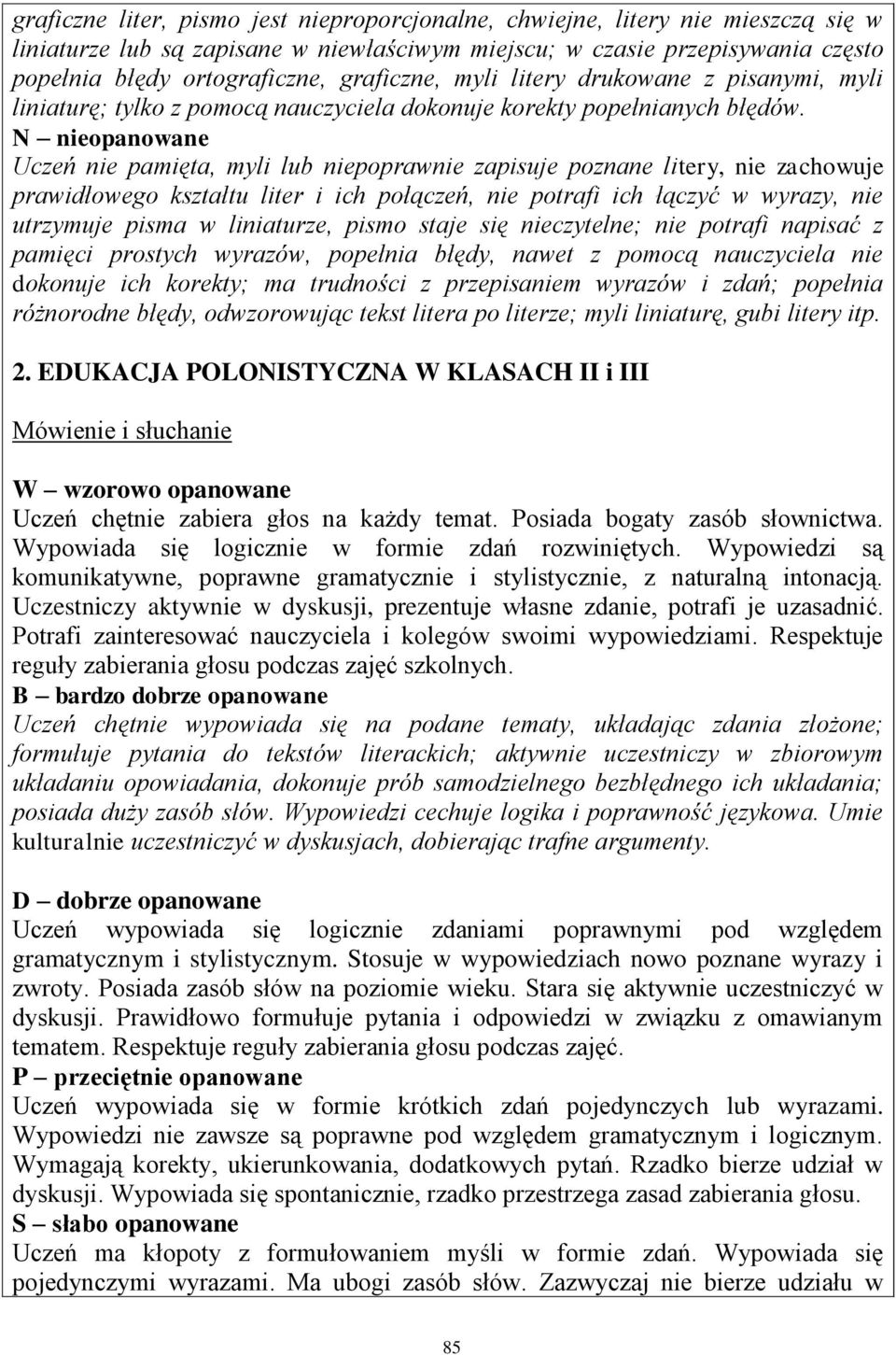 N nieopanowane Uczeń nie pamięta, myli lub niepoprawnie zapisuje poznane litery, nie zachowuje prawidłowego kształtu liter i ich połączeń, nie potrafi ich łączyć w wyrazy, nie utrzymuje pisma w