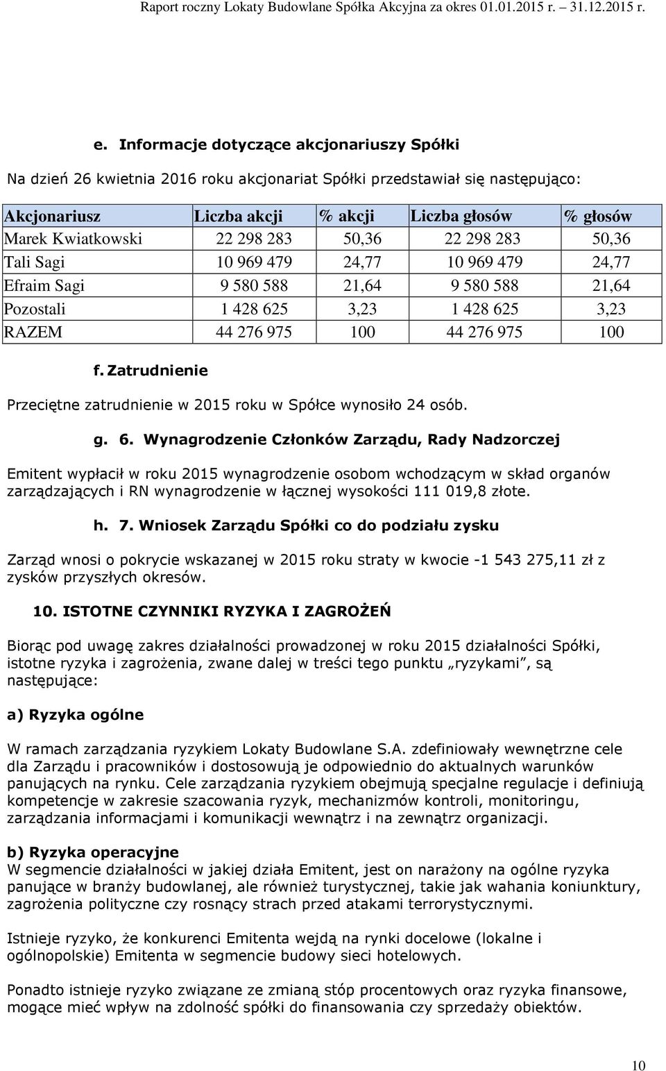 Zatrudnienie Przeciętne zatrudnienie w 2015 roku w Spółce wynosiło 24 osób. g. 6.