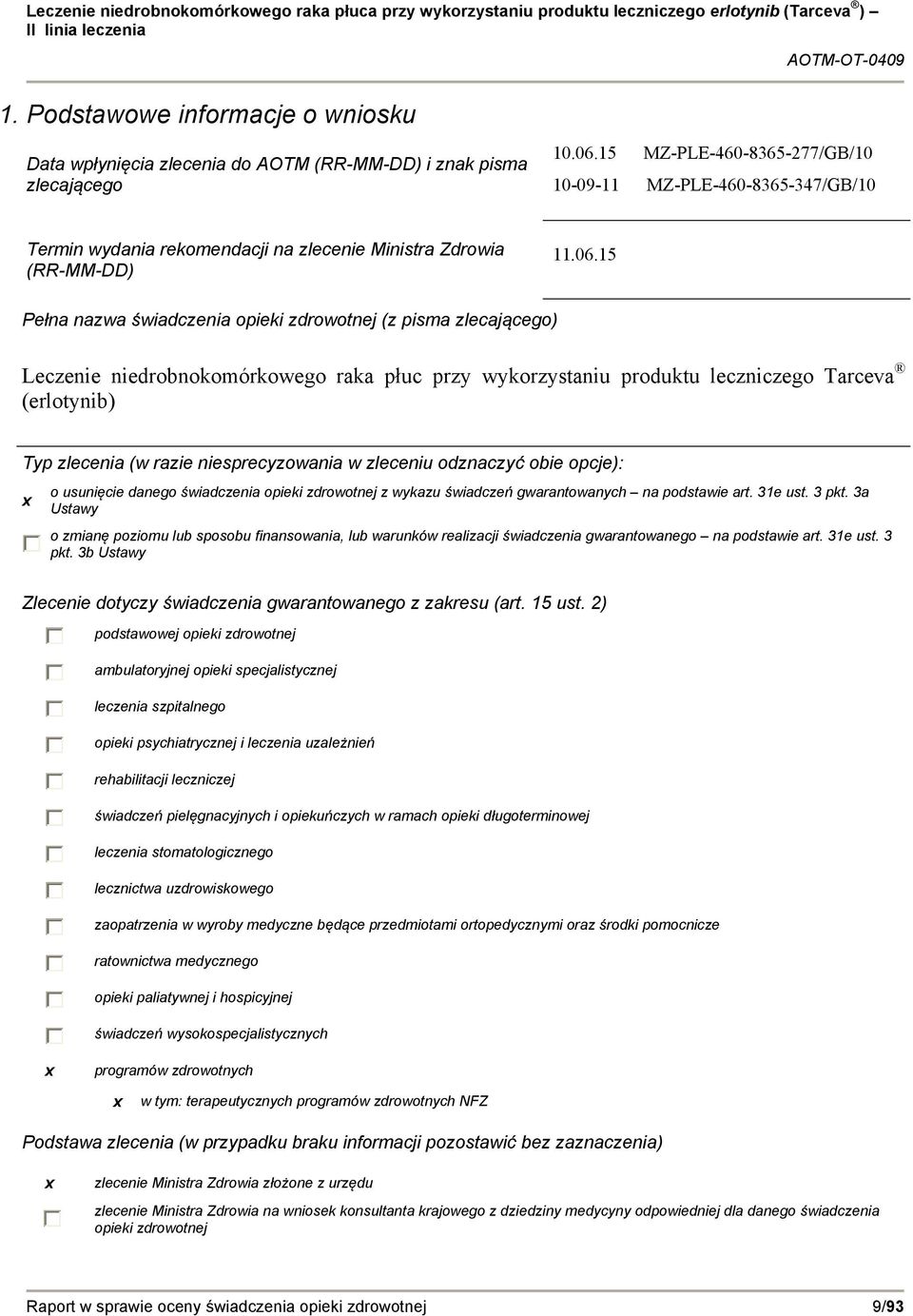 15 Pełna nazwa świadczenia opieki zdrowotnej (z pisma zlecającego) Leczenie niedrobnokomórkowego raka płuc przy wykorzystaniu produktu leczniczego Tarceva (erlotynib) Typ zlecenia (w razie