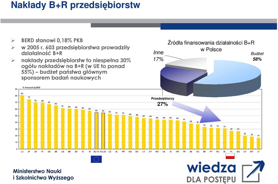 niespełna 30% ogółu nakładów na B+R (w UE to ponad 55%) budŝet państwa głównym