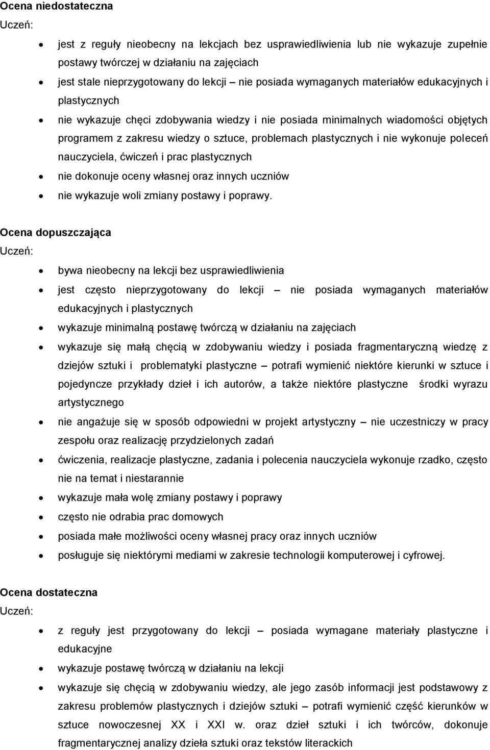 wykonuje poleceń nauczyciela, ćwiczeń i prac plastycznych nie dokonuje oceny własnej oraz innych uczniów nie wykazuje woli zmiany postawy i poprawy.