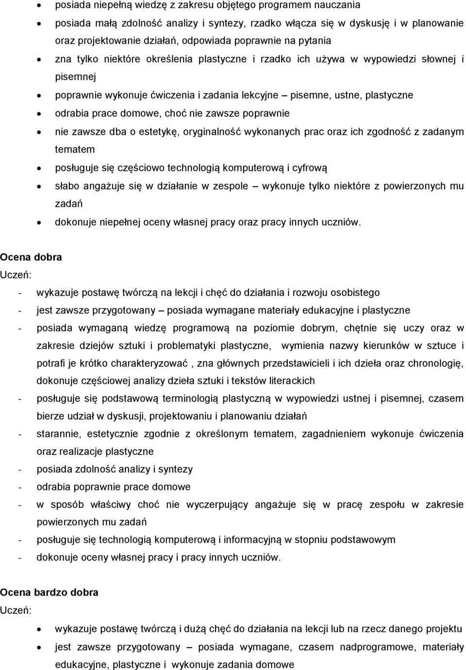 choć nie zawsze poprawnie nie zawsze dba o estetykę, oryginalność wykonanych prac oraz ich zgodność z zadanym tematem posługuje się częściowo technologią komputerową i cyfrową słabo angażuje się w