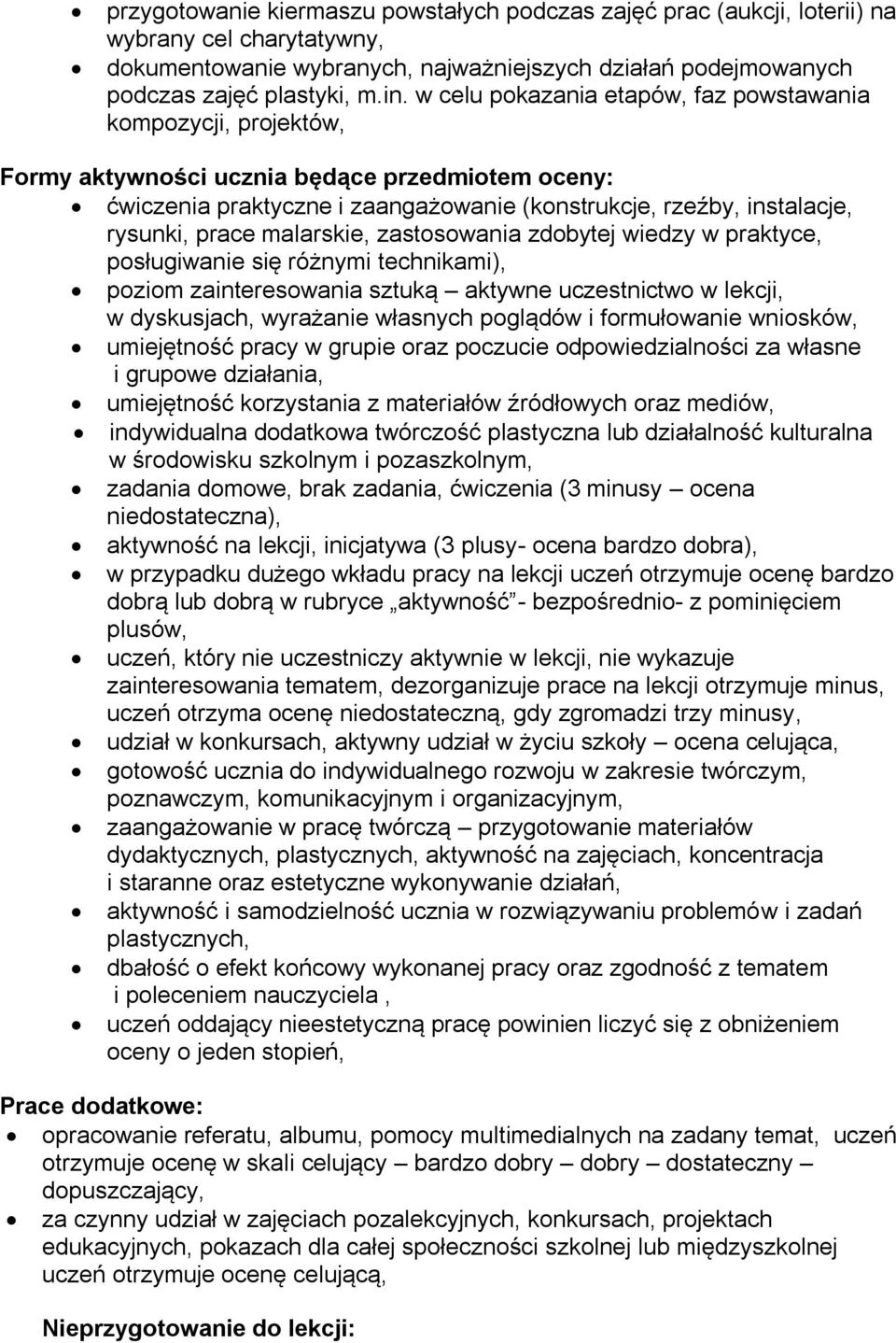 malarskie, zastosowania zdobytej wiedzy w praktyce, posługiwanie się różnymi technikami), poziom zainteresowania sztuką aktywne uczestnictwo w lekcji, w dyskusjach, wyrażanie własnych poglądów i