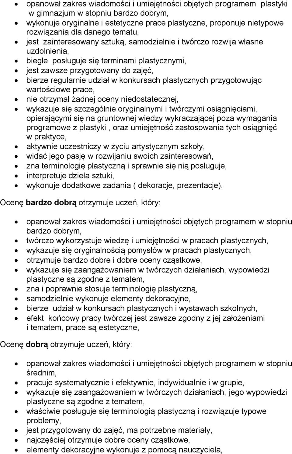 w konkursach plastycznych przygotowując wartościowe prace, nie otrzymał żadnej oceny niedostatecznej, wykazuje się szczególnie oryginalnymi i twórczymi osiągnięciami, opierającymi się na gruntownej
