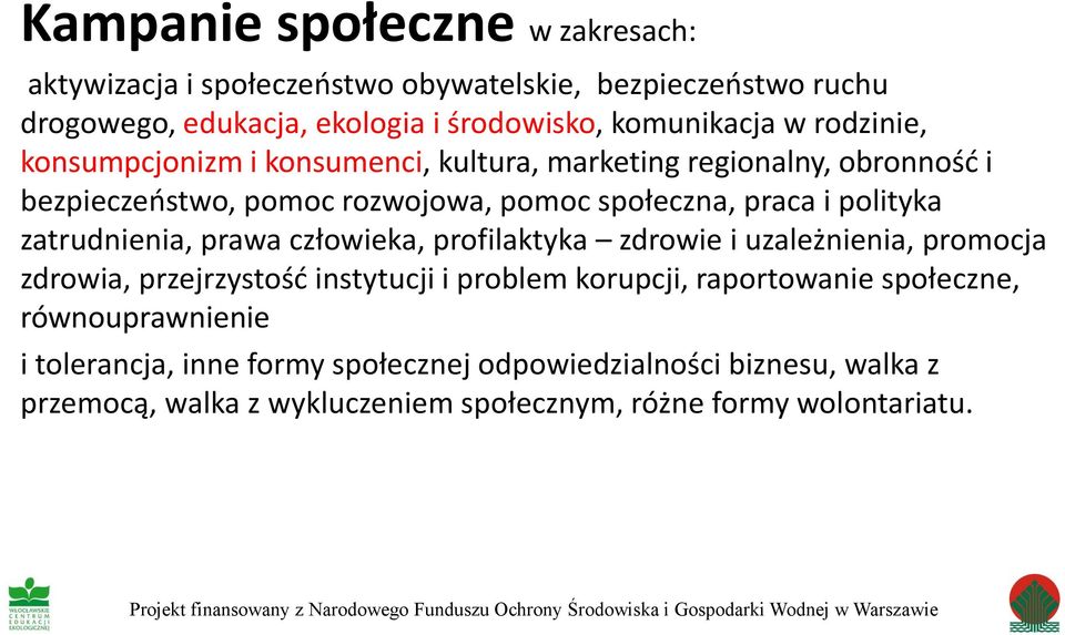 profilaktyka zdrowie i uzależnienia, promocja zdrowia, przejrzystość instytucji i problem korupcji, raportowanie społeczne, równouprawnienie i tolerancja, inne formy społecznej