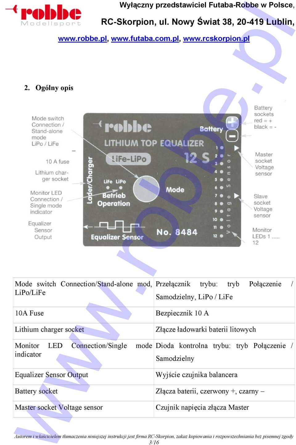 litowych Monitor LED Connection/Single mode Dioda kontrolna trybu: tryb Połączenie / indicator Samodzielny Equalizer Sensor