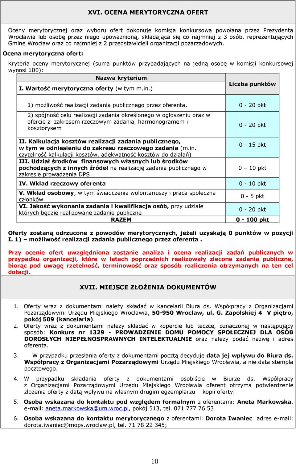 Ocena merytoryczna ofert: Kryteria oceny merytorycznej (suma punktów przypadających na jedną osobę w komisji konkursowej wynosi 100): Nazwa kryterium Liczba punktów I.