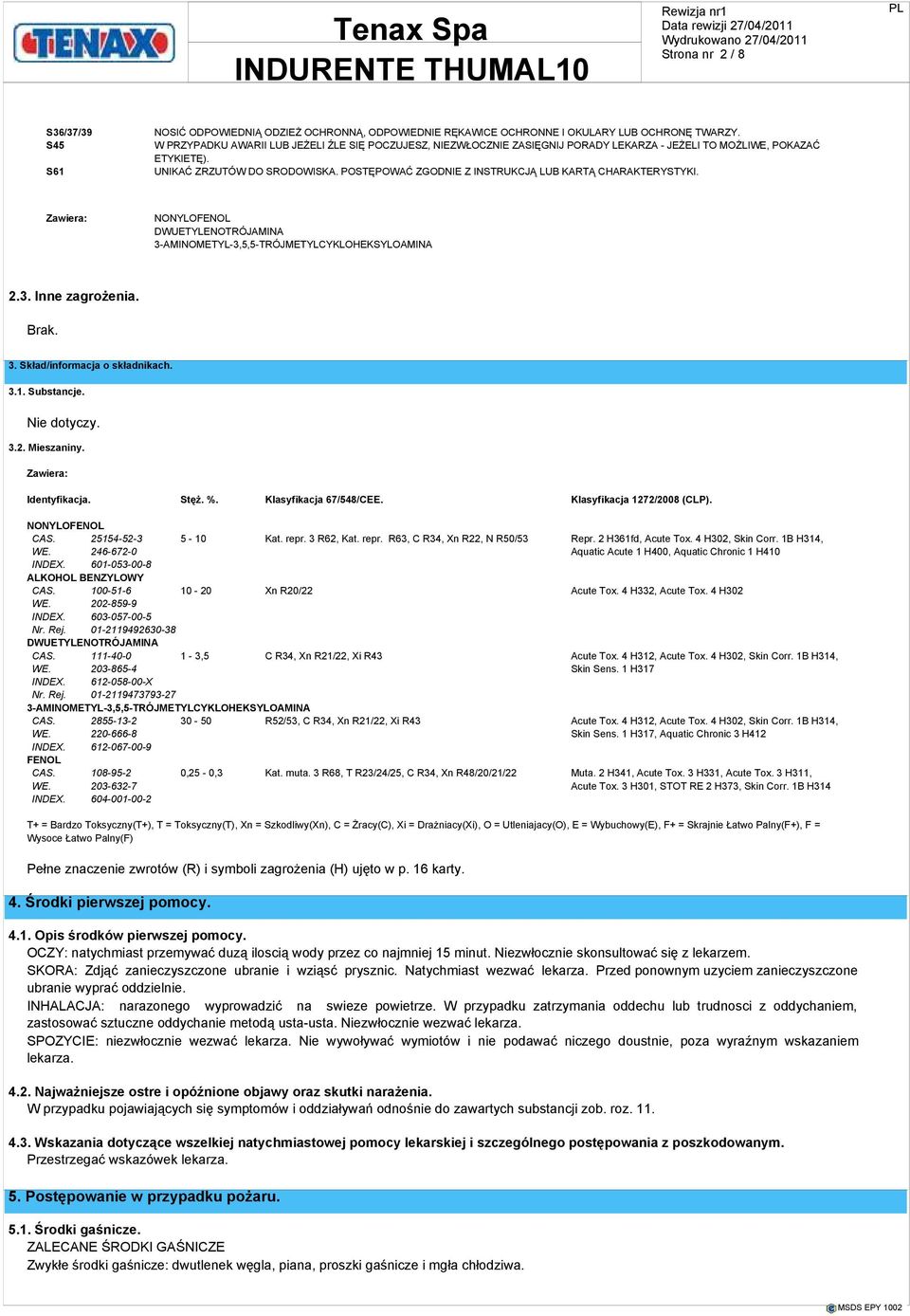 POSTĘPOWAĆ ZGODNIE Z INSTRUKCJĄ LUB KARTĄ CHARAKTERYSTYKI. Zawiera: DWUETYLENOTRÓJAMINA 3-AMINOMETYL-3,5,5-TRÓJMETYLCYKLOHEKSYLOAMINA 2.3. Inne zagrożenia. 3. Skład/informacja o składnikach. 3.1.