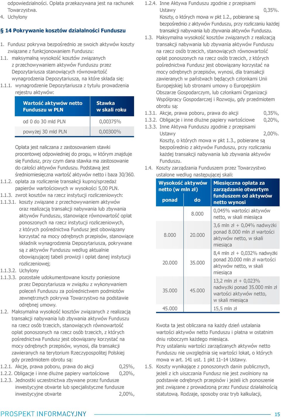 1. maksymalną wysokość kosztów związanych z przechowywaniem aktywów Funduszu przez Depozytariusza stanowiących równowartość wynagrodzenia Depozytariusza, na które składa się: 1.1.1. wynagrodzenie