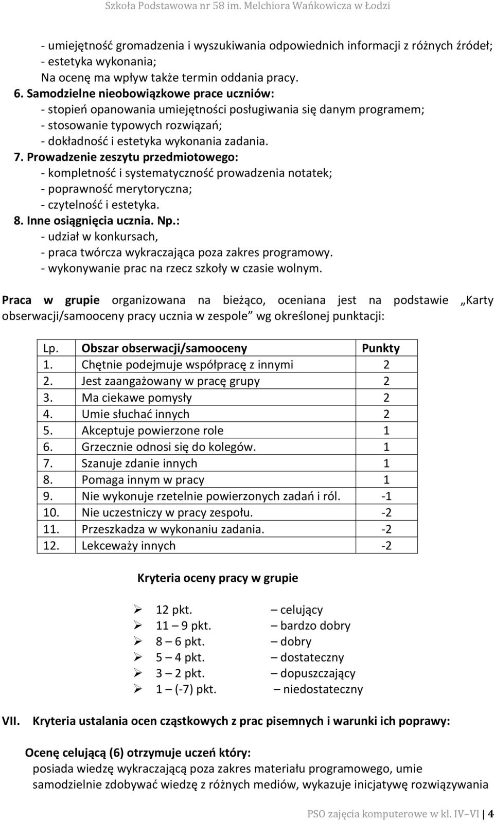 Prowadzenie zeszytu przedmiotowego: - kompletność i systematyczność prowadzenia notatek; - poprawność merytoryczna; - czytelność i estetyka. 8. Inne osiągnięcia ucznia. Np.