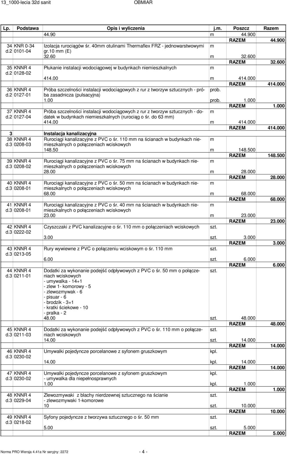 2 0127-01 Próba szczelności instalacji wodociągowych z rur z tworzyw sztucznych - próba zasadnicza (pulsacyjna) prob. 1.00 prob. 1.000 37 KNNR 4 d.