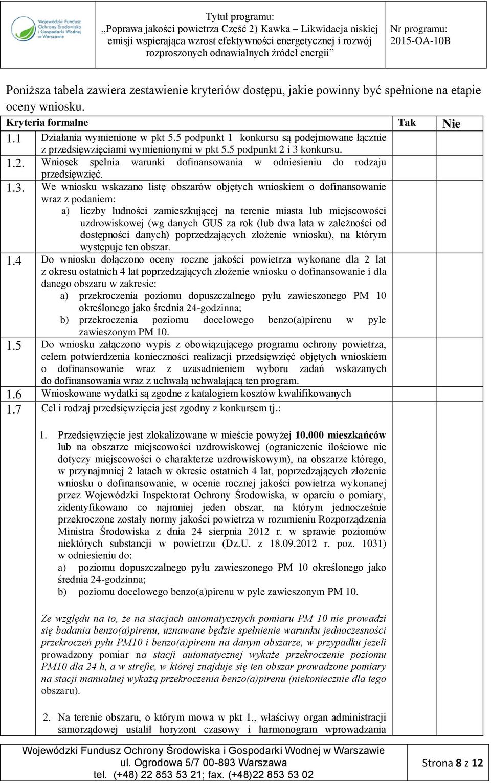 konkursu. 1.2. Wniosek spełnia warunki dofinansowania w odniesieniu do rodzaju przedsięwzięć. 1.3.