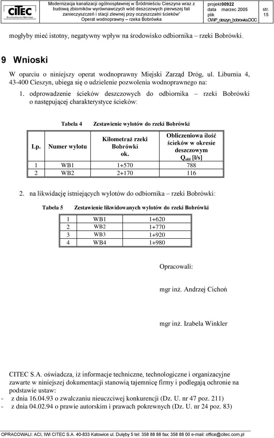 odprowadzenie ścieków deszczowych do odbiornika rzeki Bobrówki o następującej charakterystyce ścieków: Tabela 4 Zestawienie wylotów do rzeki Bobrówki Lp. Numer wylotu Kilometraż rzeki Bobrówki ok.