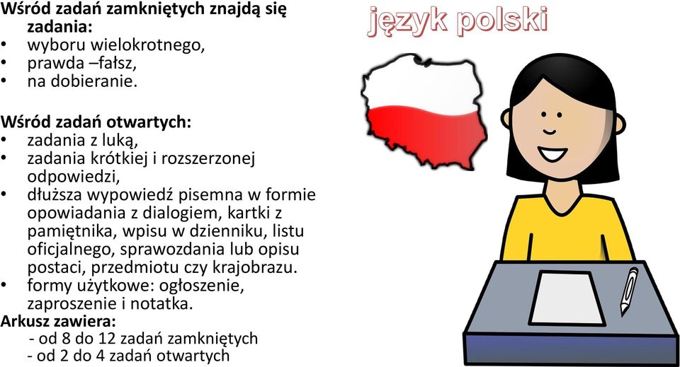 opowiadania z dialogiem, kartki z pamiętnika, wpisu w dzienniku, listu oficjalnego, sprawozdania lub opisu postaci,