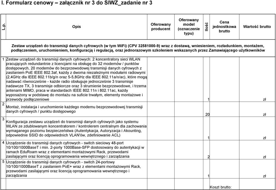 wniesieniem, rozładunkiem, montażem, podłączeniem, uruchomieniem, konfiguracją i regulacją, oraz jednorazowym szkoleniem wskazanych przez Zamawiającego użytkowników 1 Zestaw urządzeń do transmisji