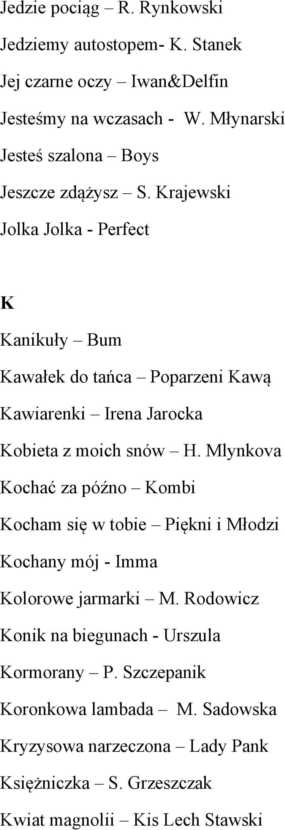 Krajewski Jolka Jolka - Perfect K Kanikuły Bum Kawałek do tańca Poparzeni Kawą Kawiarenki Irena Jarocka Kobieta z moich snów H.