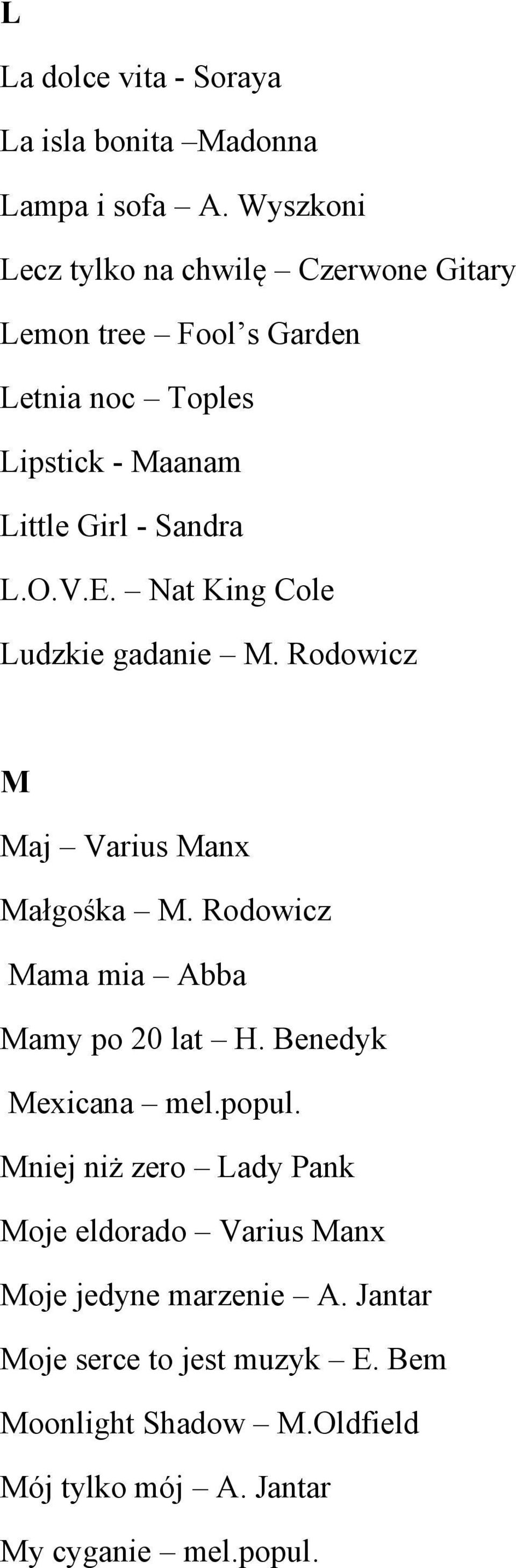 V.E. Nat King Cole Ludzkie gadanie M. Rodowicz M Maj Varius Manx Małgośka M. Rodowicz Mama mia Abba Mamy po 20 lat H.