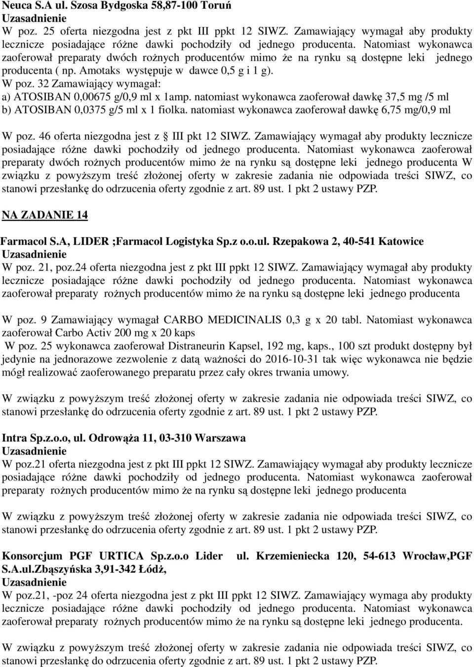 32 Zamawiający wymagał: a) ATOSIBAN 0,00675 g/0,9 ml x 1amp. natomiast wykonawca zaoferował dawkę 37,5 mg /5 ml b) ATOSIBAN 0,0375 g/5 ml x 1 fiolka.