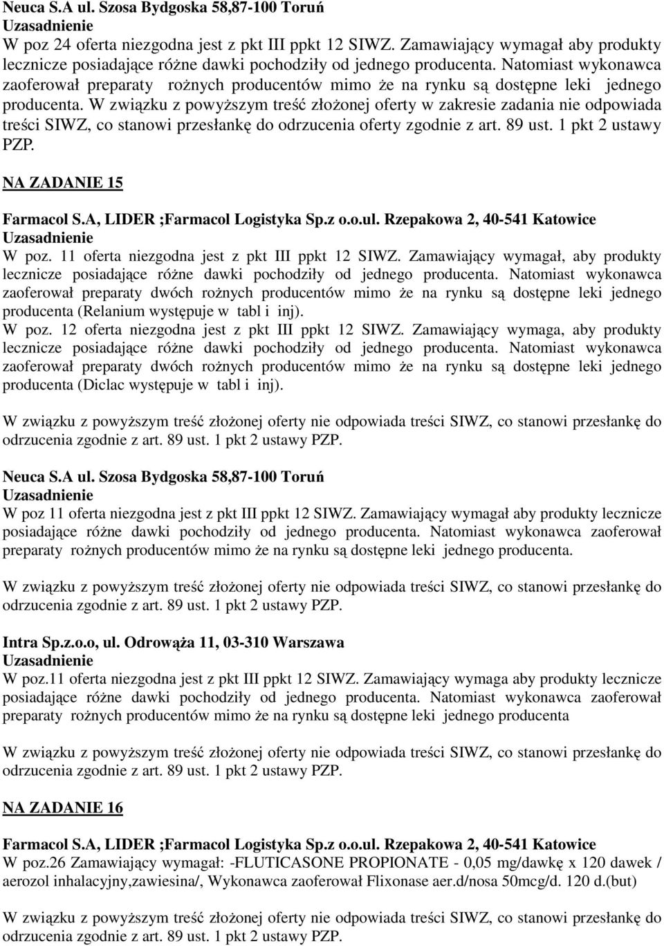 W związku z powyższym treść złożonej oferty w zakresie zadania nie odpowiada treści SIWZ, co stanowi przesłankę do odrzucenia oferty zgodnie z art. 89 ust. 1 pkt 2 ustawy PZP. NA ZADANIE 15 W poz.