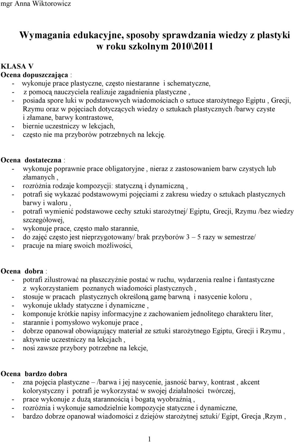 wiedzy o sztukach plastycznych /barwy czyste i złamane, barwy kontrastowe, - biernie uczestniczy w lekcjach, - często nie ma przyborów potrzebnych na lekcję.