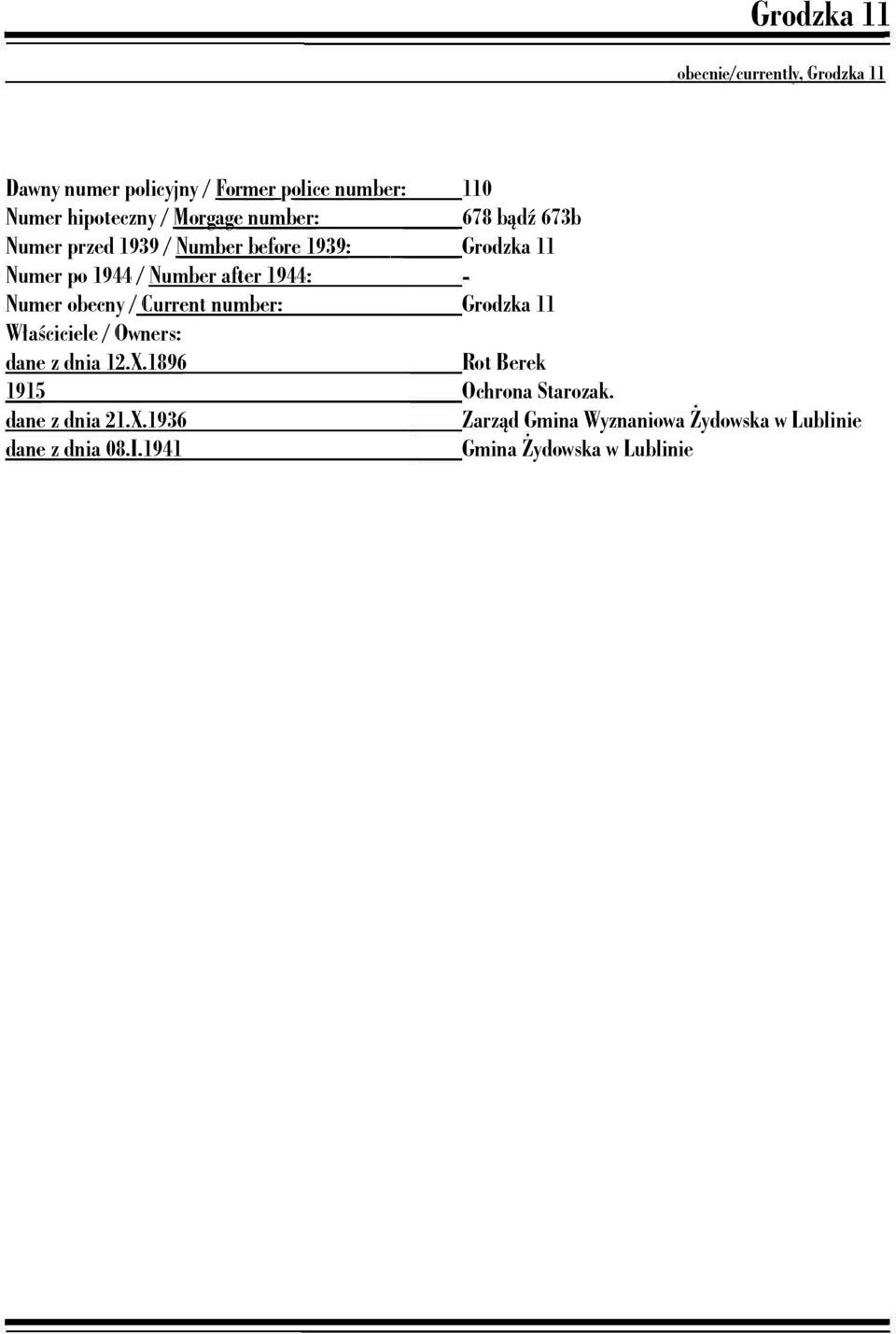 number: Właściciele / Owners: dane z dnia 12.X.1896 1915 dane z dnia 21.X.1936 dane z dnia 08.1.1941 110 678 bądź 673b Grodzka 11 Grodzka 11 Rot Berek Ochrona Starozak.