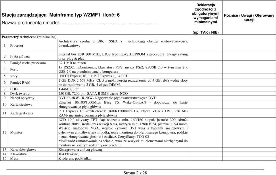 Internal bus FSB 800 MHz, BIOS type FLASH EPROM z procedurą energy saving oraz plug & play 1x RS232, 1xCentronics, klawiatury PS/2, myszy PS/2, 8xUSB 2.0 w tym min 2 x USB 2.