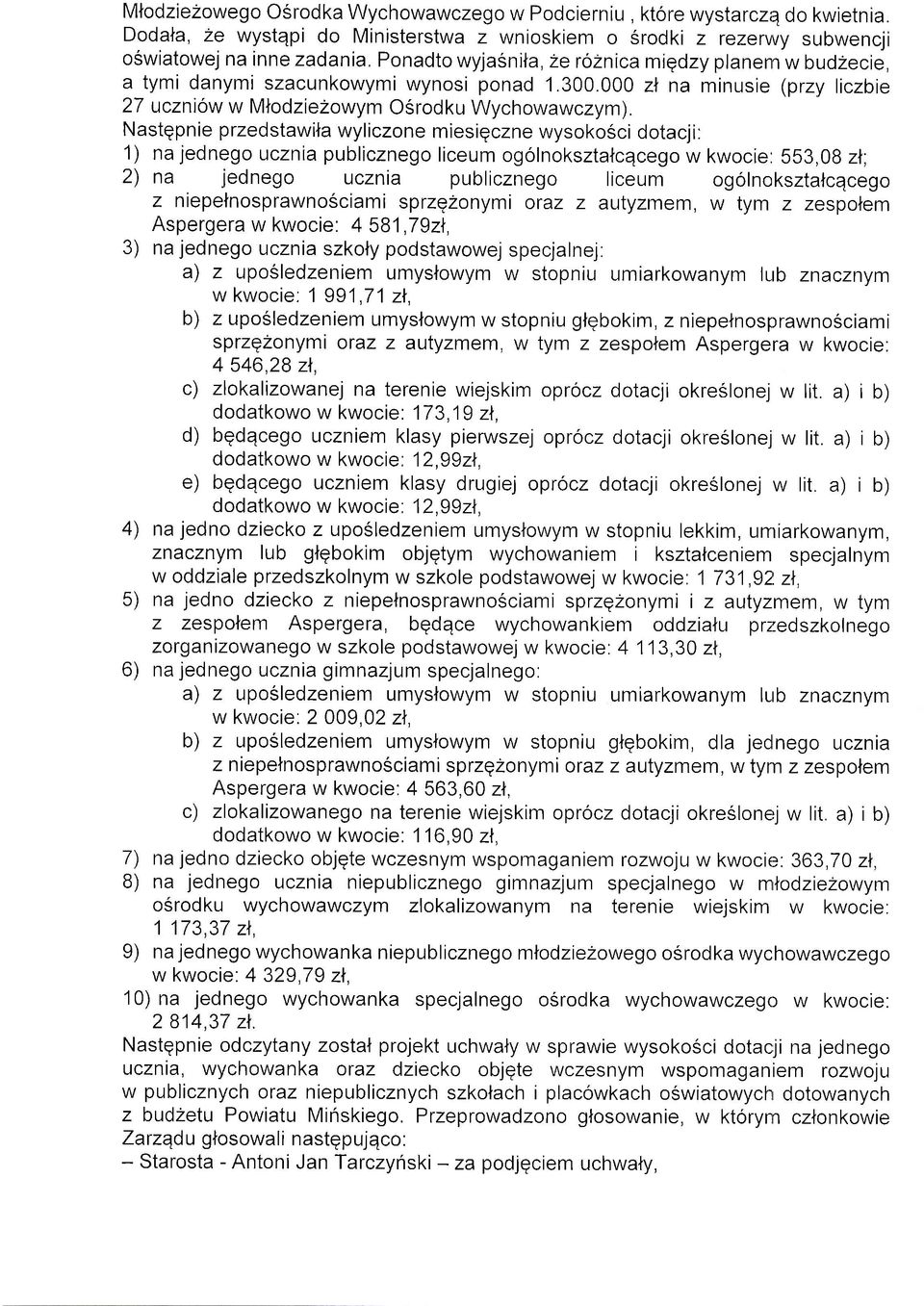 Nastqpnie przedstawila wyliczone miesigczne wysokosci dotacji: 1) na jednego ucznia publicznego liceum ogolnoksztalcqcego w kwocie: 553,08 zl; 2) na jednego ucznia publicznego liceum