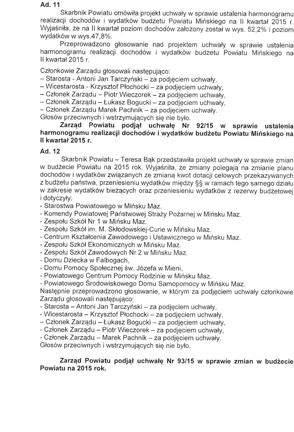 Przeprowadzono glosowanie nad projektem uchwaly w sprawie ustalenia harmonogramu realizaqi dochodow i wydatkow budzetu Powiatu N/inskiego na ll kwaftat 2015 r.