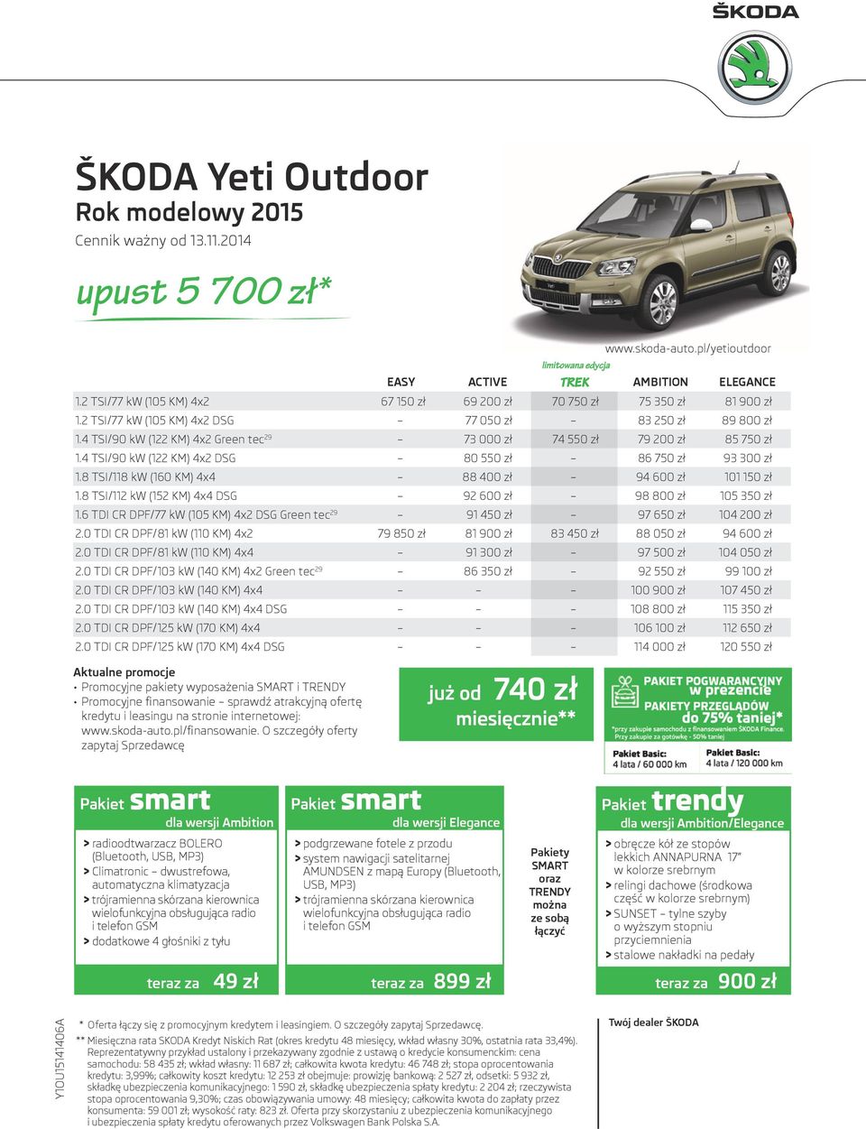 4 TSI/90 kw (122 KM) 4x2 Green tec 29 73 000 zł 74 550 zł 79 200 zł 85 750 zł 1.4 TSI/90 kw (122 KM) 4x2 DSG 80 550 zł 86 750 zł 93 300 zł 1.8 TSI/118 kw (160 KM) 4x4 88 400 zł 94 600 zł 101 150 zł 1.