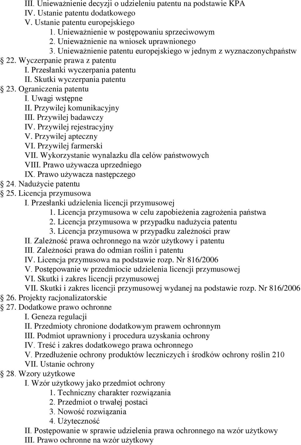 Skutki wyczerpania patentu 23. Ograniczenia patentu I. Uwagi wstępne II. Przywilej komunikacyjny III. Przywilej badawczy IV. Przywilej rejestracyjny V. Przywilej apteczny VI. Przywilej farmerski VII.