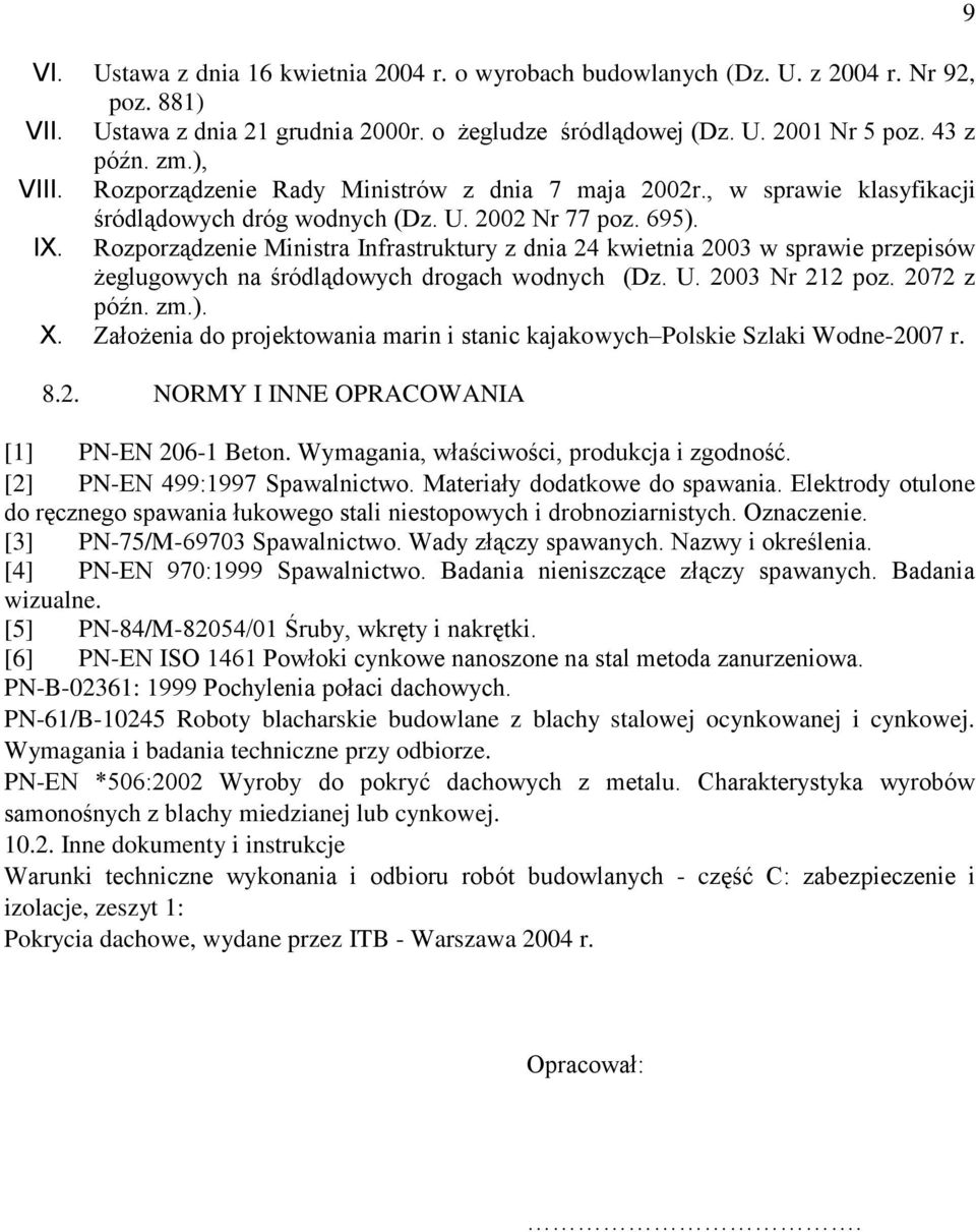 Rozporządzenie Ministra Infrastruktury z dnia 24 kwietnia 2003 w sprawie przepisów żeglugowych na śródlądowych drogach wodnych (Dz. U. 2003 Nr 212 poz. 2072 z późn. zm.). X.