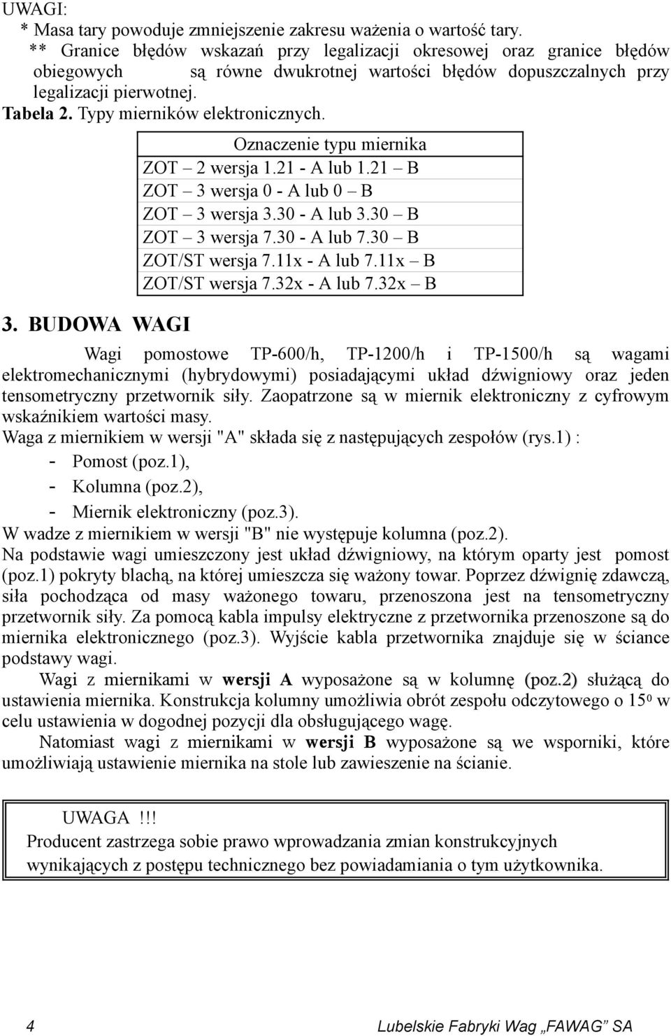 Typy mierników elektronicznych. 3. BUDOWA WAGI Oznaczenie typu miernika ZOT 2 wersja 1.21 - A lub 1.21 B ZOT 3 wersja 0 - A lub 0 B ZOT 3 wersja 3.30 - A lub 3.30 B ZOT 3 wersja 7.30 - A lub 7.