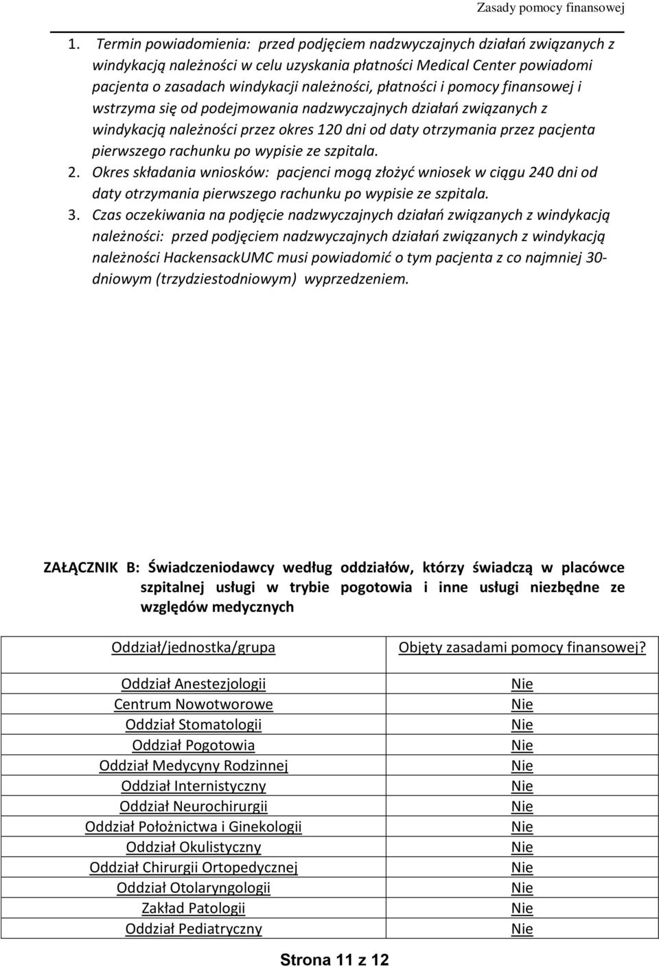 płatności i pomocy finansowej i wstrzyma się od podejmowania nadzwyczajnych działań związanych z windykacją należności przez okres 120 dni od daty otrzymania przez pacjenta pierwszego rachunku po