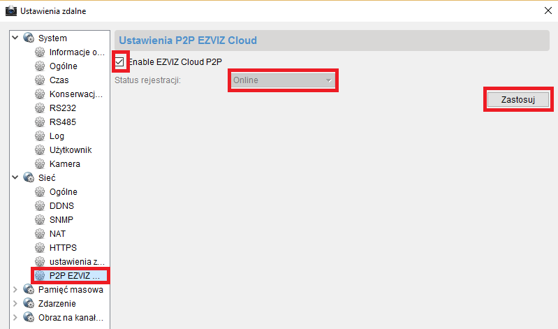 włączyć opcję Enable EZVIZ Cloud P2P i nacisnąć przycisk Zastosuj. Należy również obserwować pole Status rejestracji. W przypadku prawidłowej konfiguracji pole to powinno wyświetlać wartość Online.