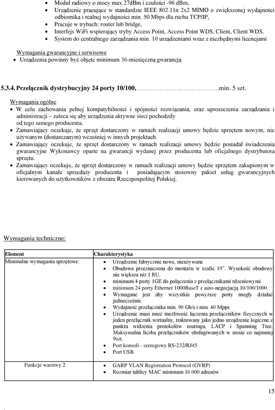 10 urządzeniami wraz z niezbędnymi licencjami Wymagania gwarancyjne i serwisowe Urządzenia powinny być objęte minimum 36-miesięczną gwarancją 5.3.4. Przełącznik dystrybucyjny 24 porty 10/100,..min. 5 szt.