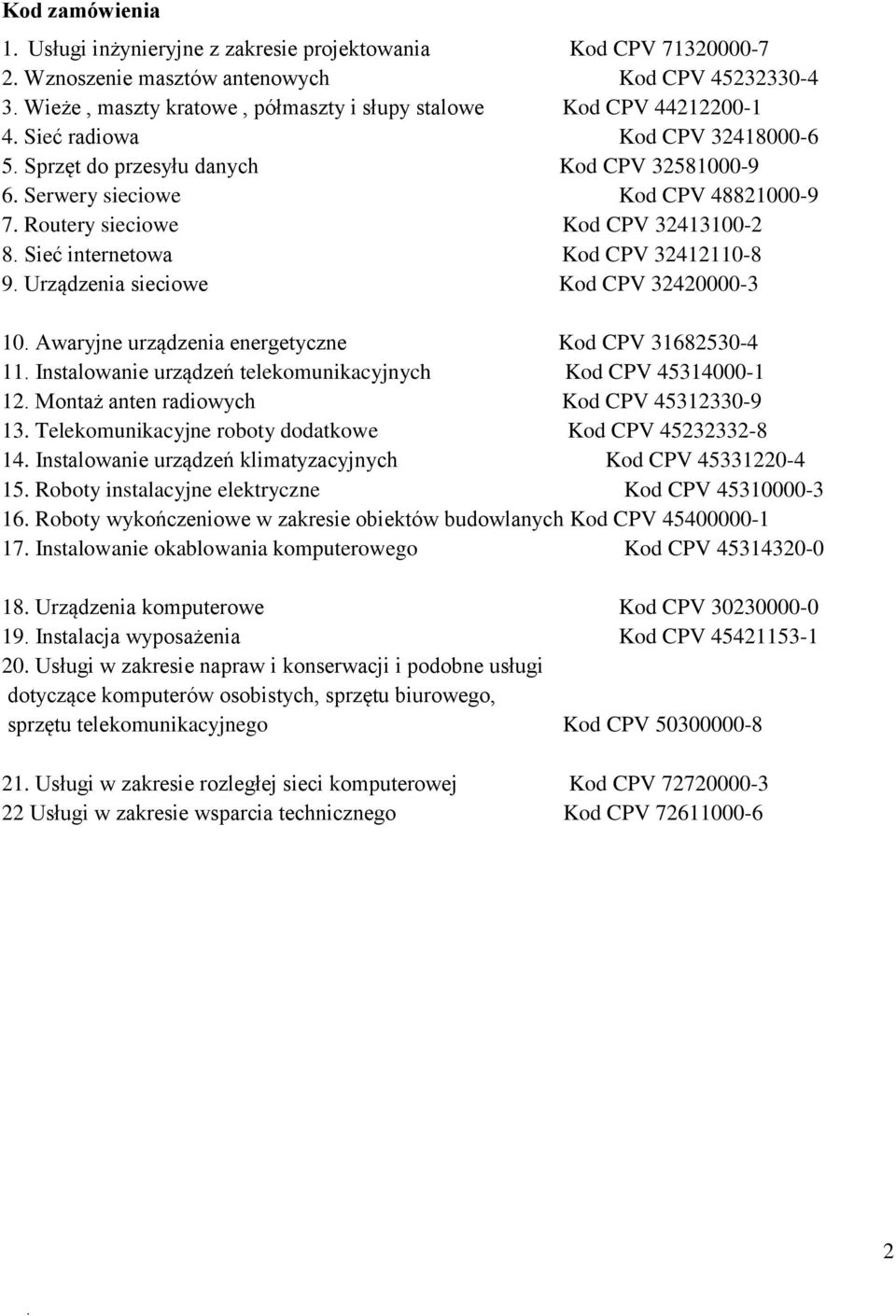 Routery sieciowe Kod CPV 32413100-2 8. Sieć internetowa Kod CPV 32412110-8 9. Urządzenia sieciowe Kod CPV 32420000-3 10. Awaryjne urządzenia energetyczne Kod CPV 31682530-4 11.