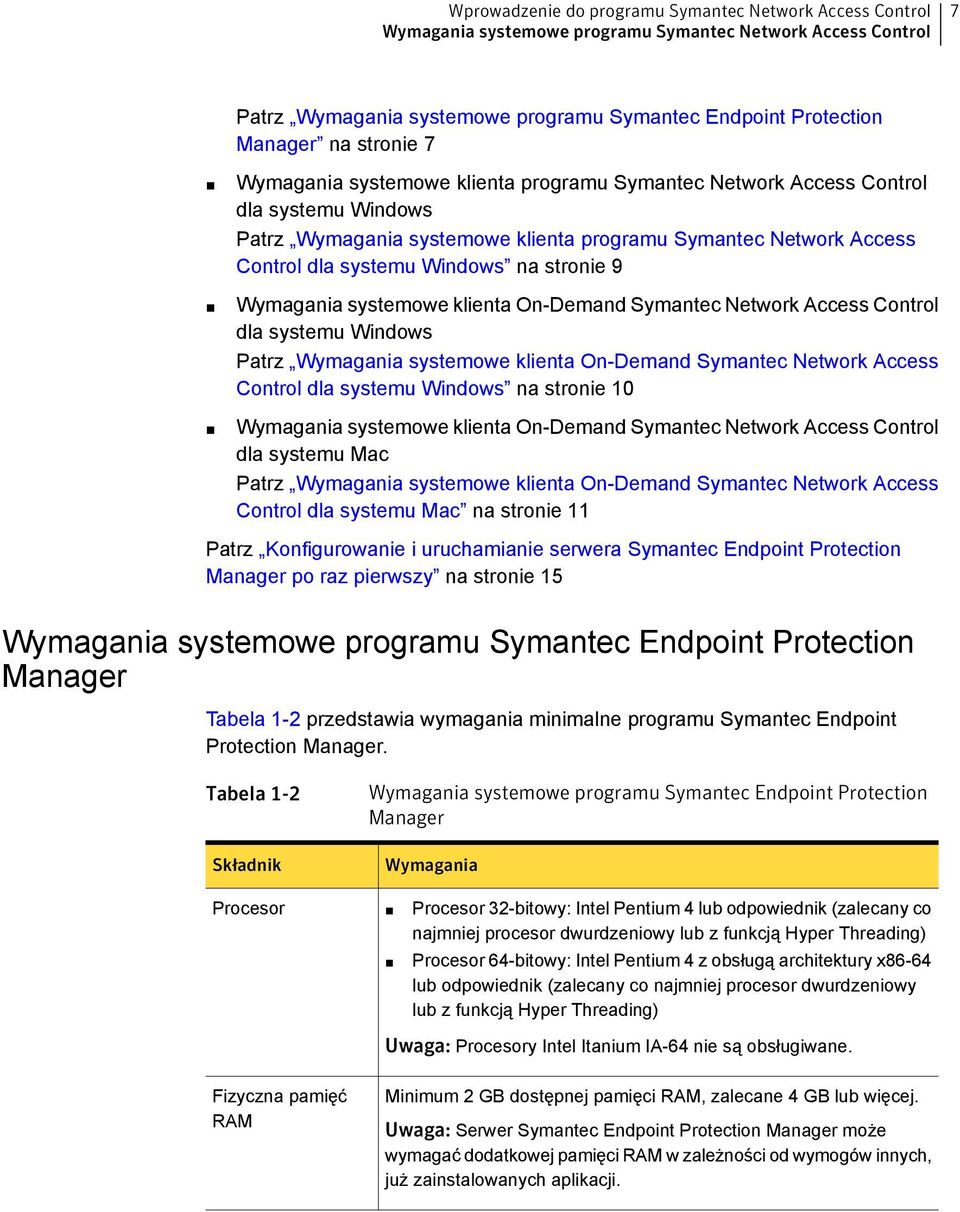 Network Access Control dla systemu Windows Patrz Wymagania systemowe klienta On-Demand Symantec Network Access Control dla systemu Windows na stronie 10 Wymagania systemowe klienta On-Demand Symantec
