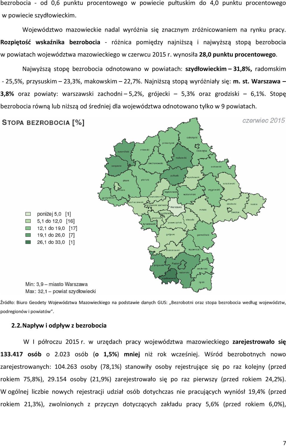 Najwyższą stopę bezrobocia odnotowano w powiatach: szydłowieckim 31,8%, radomskim 25,5%, przysuskim 23,3%, makowskim 22,7%. Najniższą stopą wyróżniały się: m. st. Warszawa 3,8% oraz powiaty: warszawski zachodni 5,2%, grójecki 5,3% oraz grodziski 6,1%.