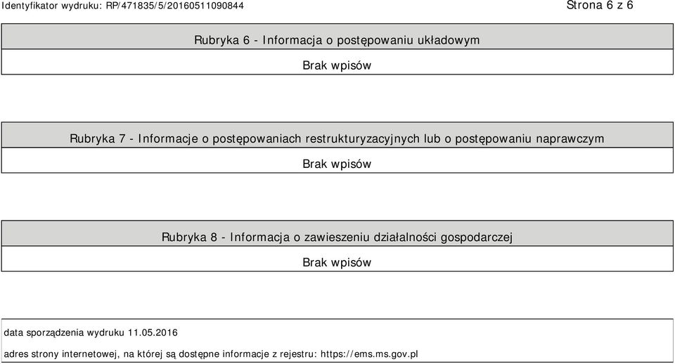 Informacja o zawieszeniu działalności gospodarczej data sporządzenia wydruku 11.05.