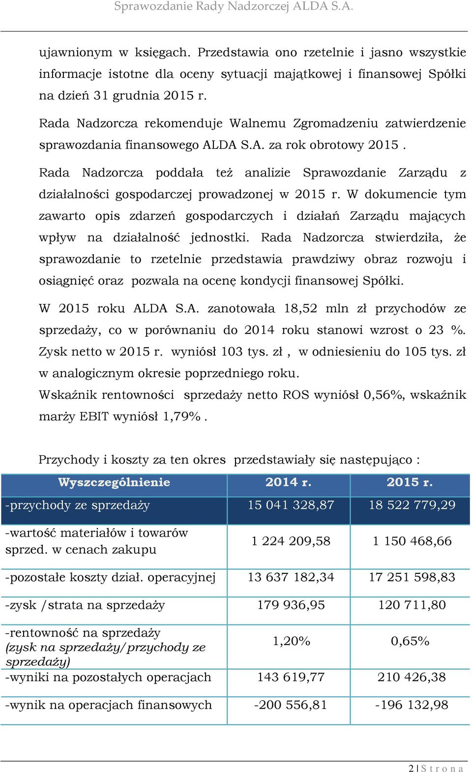 Rada Nadzorcza poddała też analizie Sprawozdanie Zarządu z działalności gospodarczej prowadzonej w 2015 r.