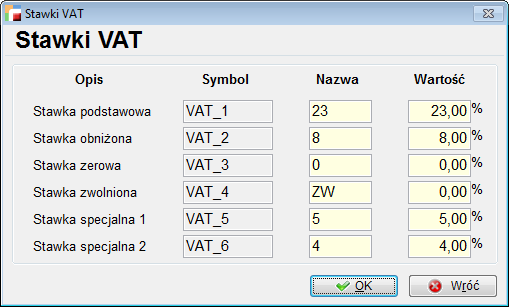 Tryb pracy z poprzednimi stawkami VAT możliwość pracy z tabelą stawek obowiązującą w bieżącym 2010 r. (czyli 22%, 7% itd.) Od wersji 3.21 zostanie dodana obsługa drugiej tabeli stawek VAT.