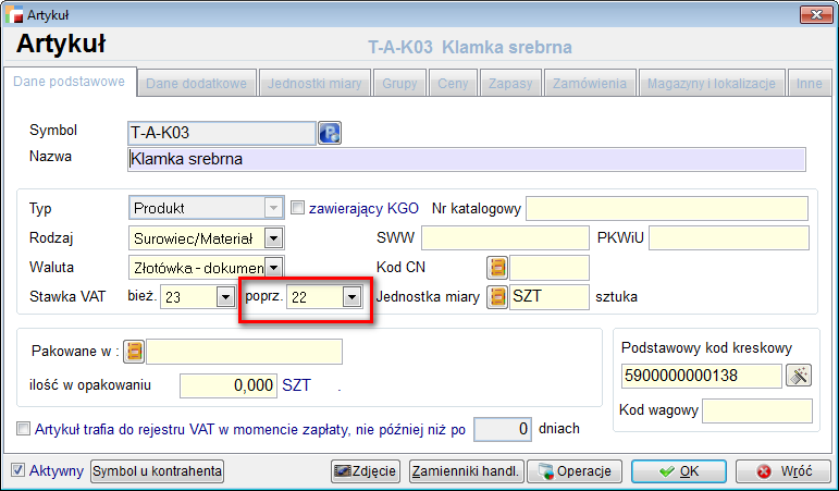 Ponieważ zmieniają się nie tylko wartości stawek VAT, ale również rodzaje stawek VAT dla niektórych artykułów, została dołożona obsługa poprzedniej stawki VAT.