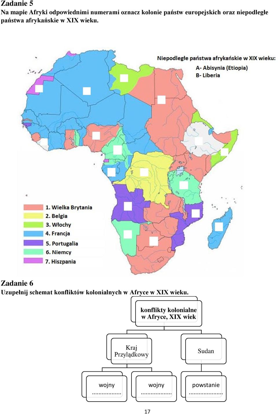 Zadanie 6 Uzupełnij schemat konfliktów kolonialnych w Afryce w XIX wieku.