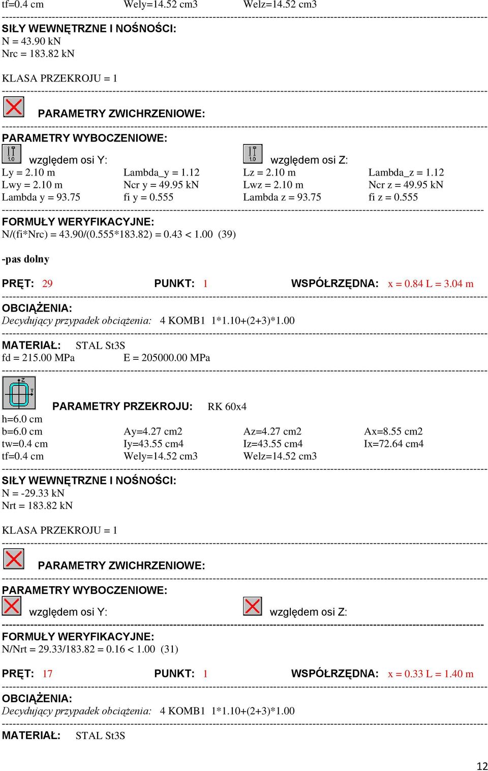 00 (39) -pas dolny PRĘT: 29 PUNKT: 1 WSPÓŁRZĘDNA: x = 0.84 L = 3.04 m PARAMETRY PRZEKROJU: RK 60x4 h=6.0 cm b=6.0 cm Ay=4.27 cm2 Az=4.27 cm2 Ax=8.55 cm2 tw=0.